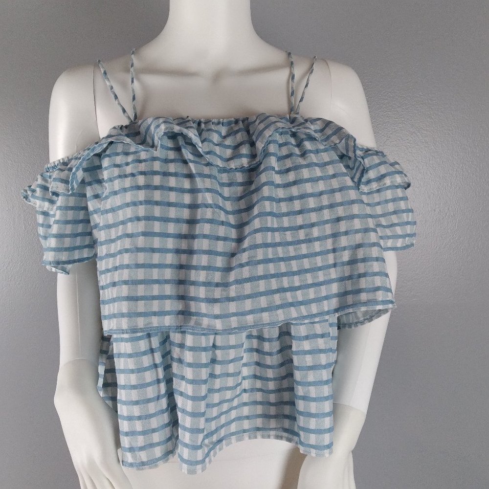 MANGO Womens Crop Top Size 4 Blue and White Gingham Ruffles Off the Shoulder
